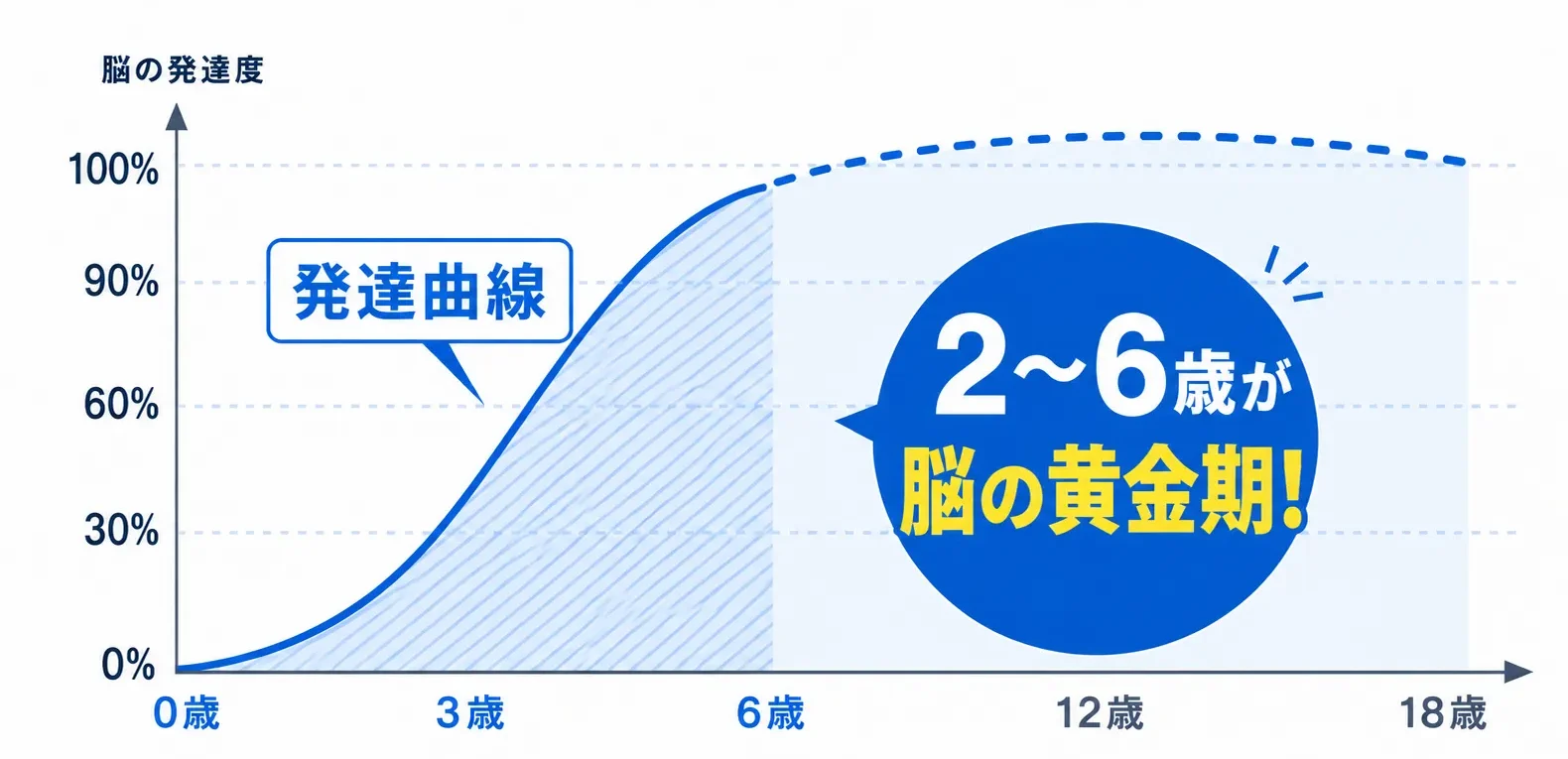 脳の発達グラフ：2〜6歳が90%でピーク